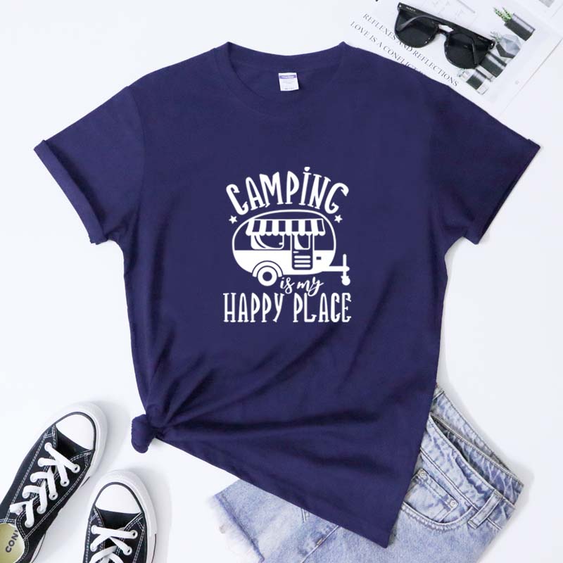 Camping Is My Happy Place Tshirt Cute Queen Of The Camper Tshirt Funny Road Trip Traveler Gift Tee Shirt Top