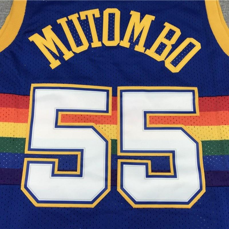 Mens Denver Nuggets 55 Dikembe Mutombo Retro Blue Snow Mountain Edition Embroidered Basketball Jersey Cotton Blend