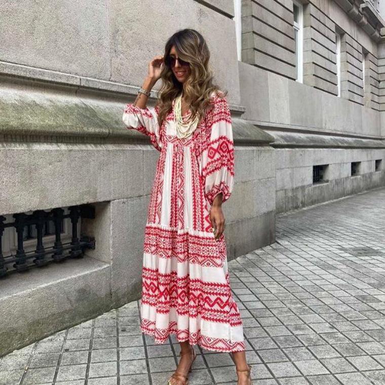 Весенне-летнее женское платье с геометрическим коллажем и пузырьковыми рукавами, уличное платье больших размеров