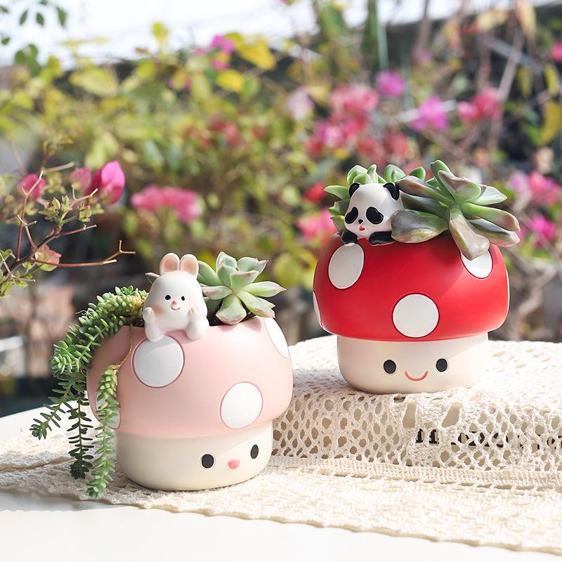 Mushroom Fun Resin Flower Pot - Creative Gardening Succulent Planter for Desk or Table
