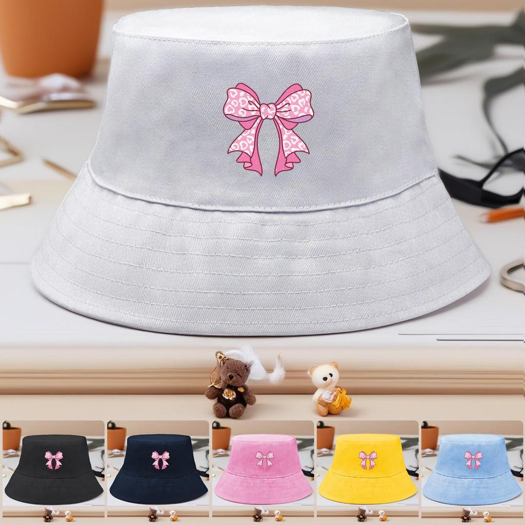 Bucket Hat With Bowknot Pattern Print , Sun Cap Trendy Summer Candy Color Beach Hat