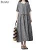 Women Plaid Print Summer Casual O-neck Half Sleeve Long Dress