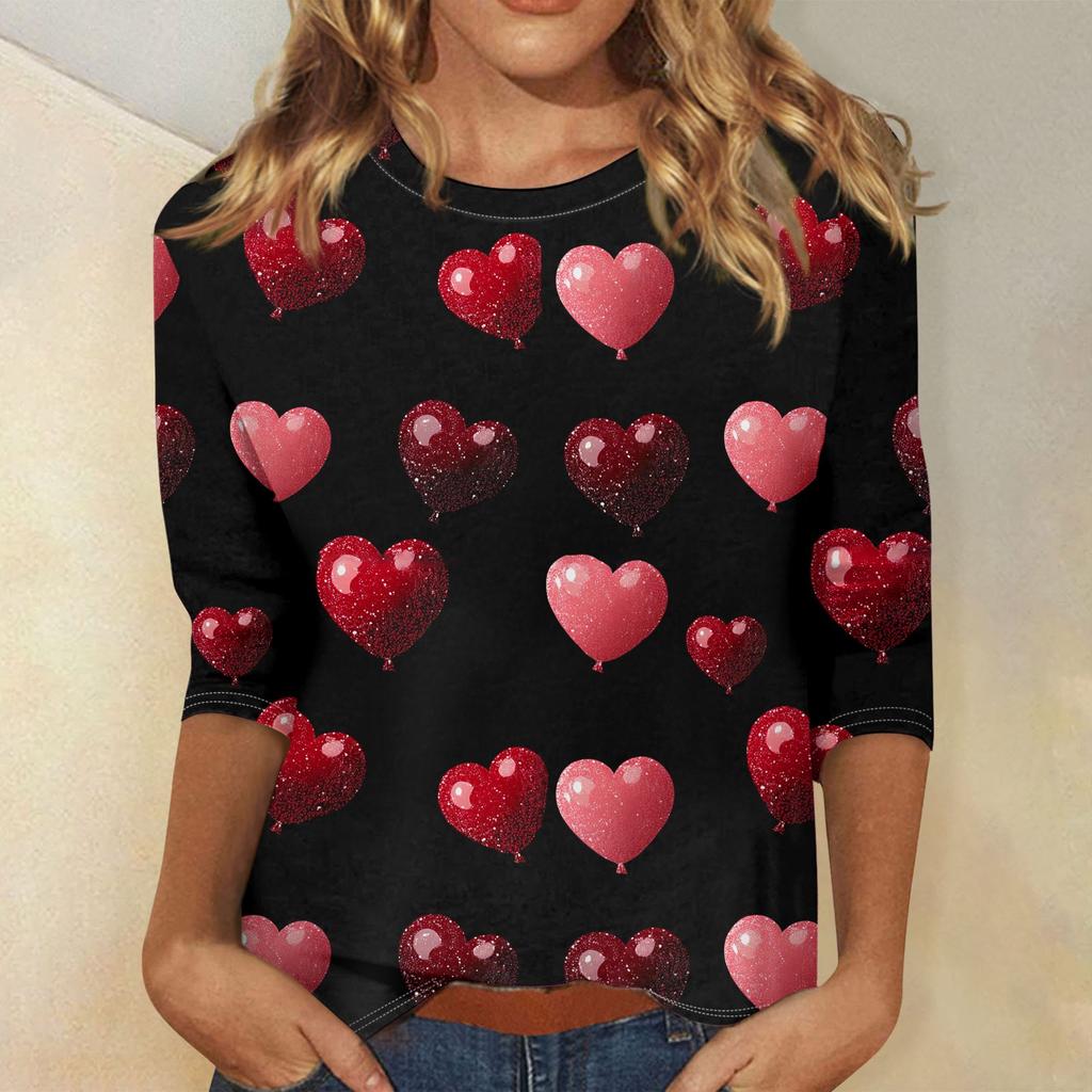 Женские топы с рукавом три четверти, рубашка на День святого Валентина, круглая горловина, свободная повседневная рубашка