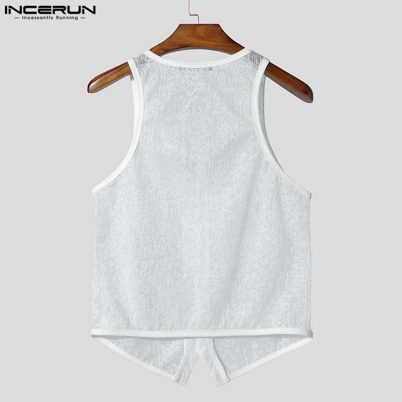 INCERUN Summer Men U Neck Sleeveless Buttons Lace Mesh Sheer Casual Tank Tops