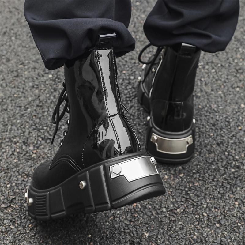 Мода 2024Новые Мужские Высокие Ботинки в Британском Стиле на Толстой Подошве, Увеличивающие Рост, из Натуральной Кожи, Мотокроссовые Ботинки с Круглым Носком и Боковой Молнией, Панк-Ботинки