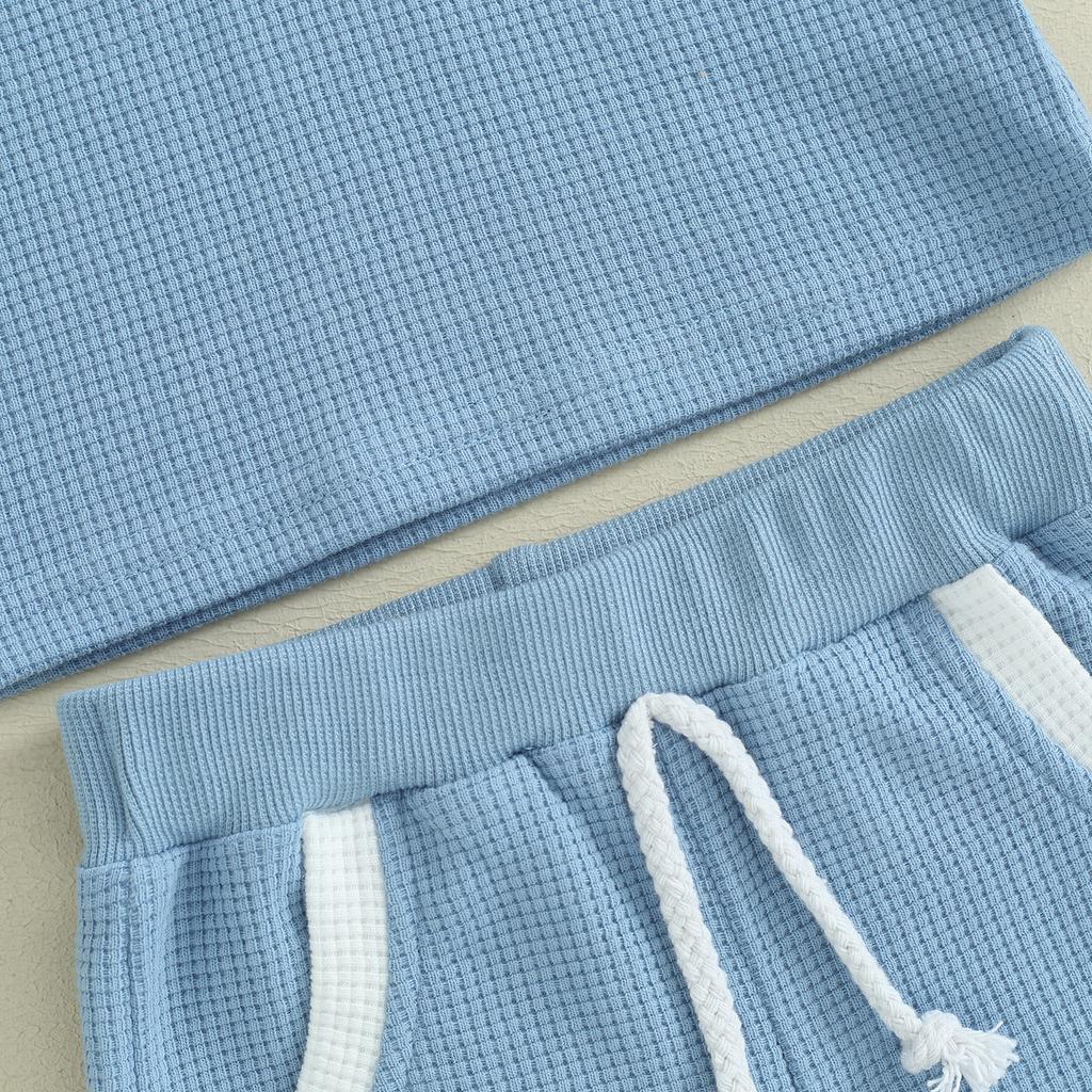 Toddler Boys Summer Outfits Contrast Color Buttons Short Sleeve T-Shirts Waffle Tops Elastic Waist Shorts 2Pcs Clothes Set