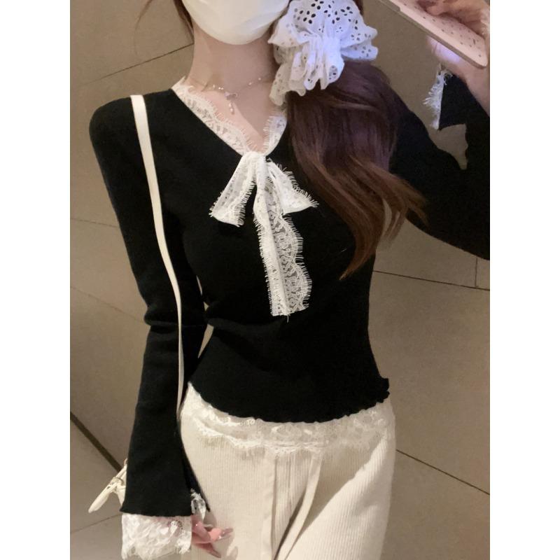 Сладкое и пикантное кружево на шее, вязаная базовая рубашка, женская весенняя приталенная внутренняя майка, темпераментный универсальный свитер