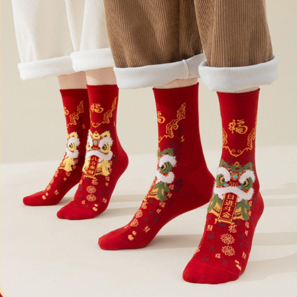 Couple New Year Red Socks Cotton Good Luck Socks Creative Lion Dance Red Socks Gifts