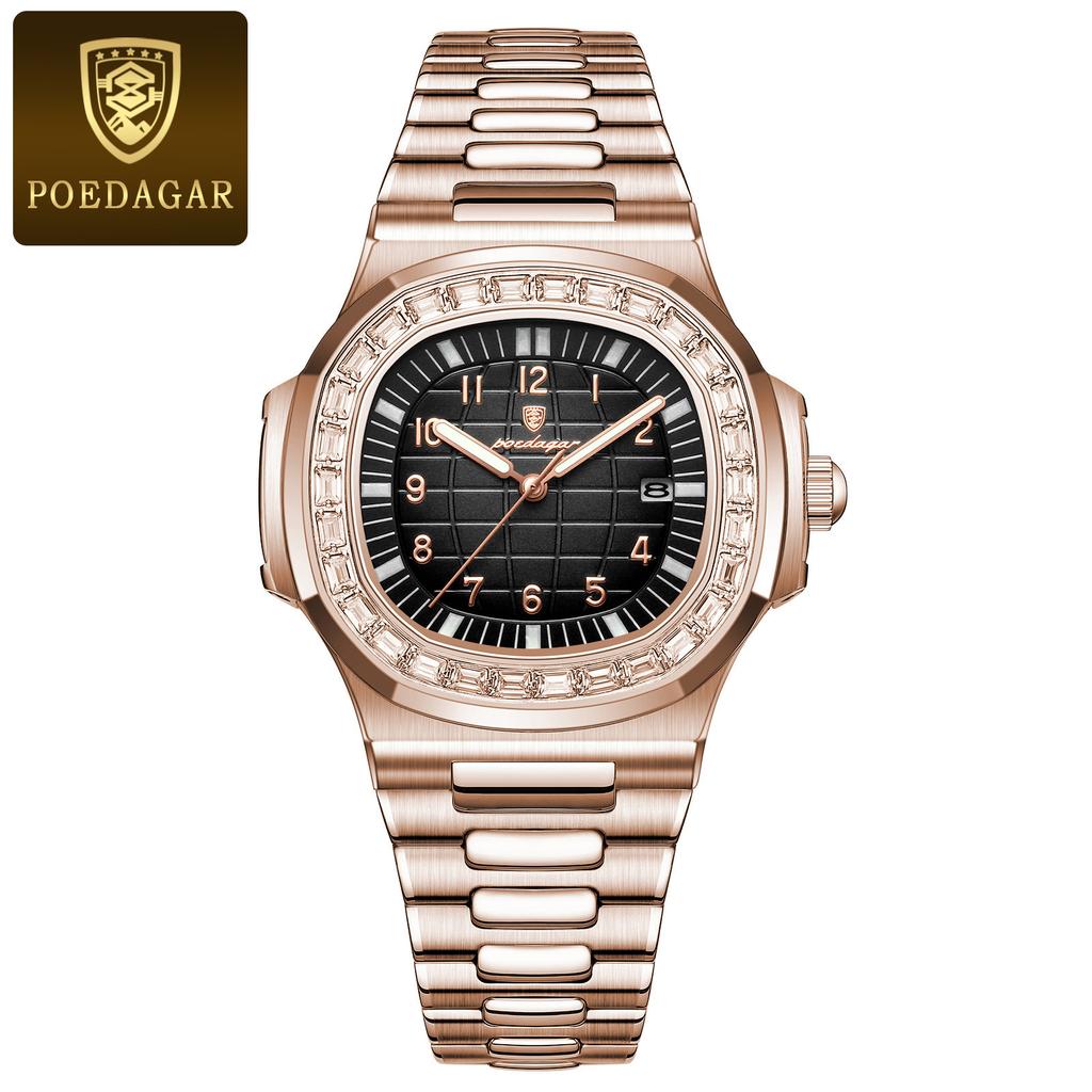 POEDAGAR Luxury Square Man Wristwatch Diamond Dial Luminous Waterproof Date Men Watch Stainless Steel Men's Quartz Watches Casual Male Clock