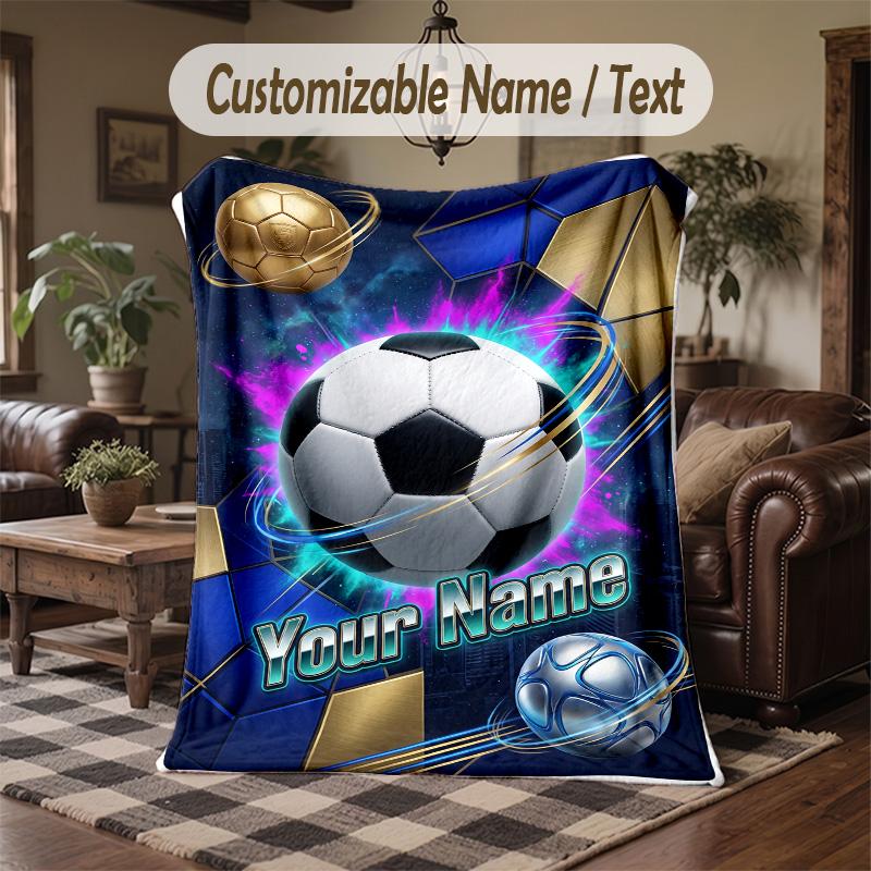 Soccer Ball Dreams Theme Throw Blanket Custom Name Text Personalized Blanket Soft Cozy Blanket for Home Sofa Bed