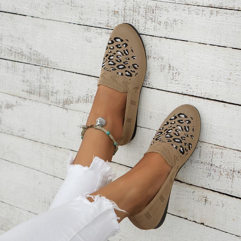 Новые леопардовые принты трикотажные женские мокасины дышащая сетка неглубокие туфли на плоской подошве женские легкие повседневные туфли без застежек для ходьбы