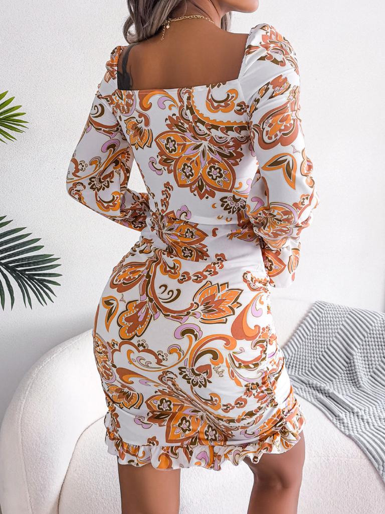 Women's New High Waisted Sexy Dress In Autumn Long Sleeved Short Skirts Printing Temperament Bag Hip Dress