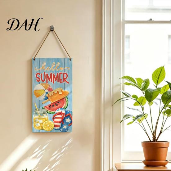 Porch Hanging Sign Summer Wooden Sign, Welcome Front Door Decor with Decorative Rope, Colorful Hanger for Seasonal Farmhouse Beach House Wall Art
