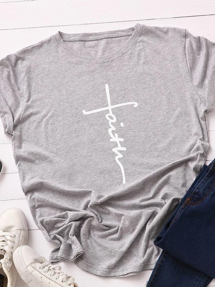 Faith Letter Print Женская футболка с коротким рукавом и круглым вырезом Свободная женская футболка Женская футболка Топы Одежда Camisetas Mujer