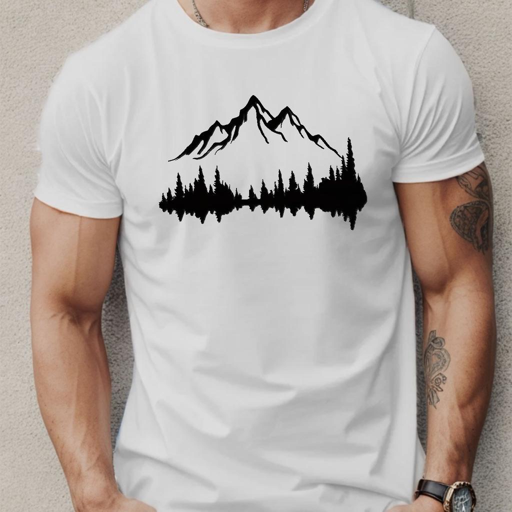 Летняя мужская повседневная свободная футболка большого размера из 100% хлопка с принтом гор и деревьев, спортивная удобная футболка с круглым вырезом и коротким рукавом