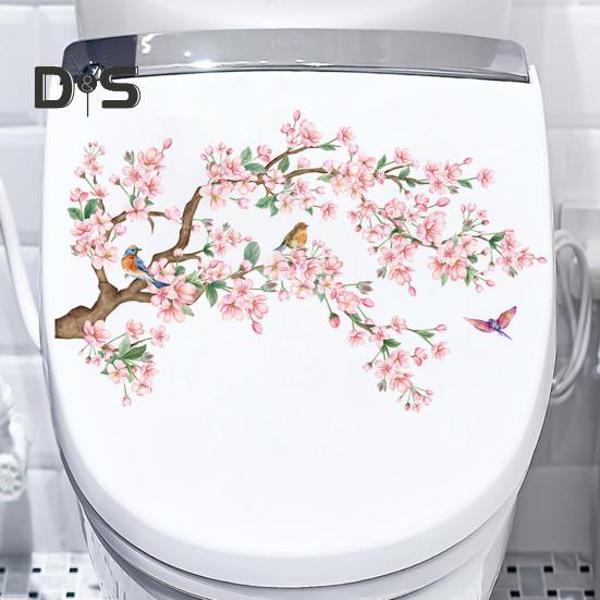 Наклейка на унитаз с цветочной веткой и птицей, съемная самоклеящаяся водостойкая ПВХ настенная наклейка для гостиной, цветочная наклейка для украшения крышки унитаза в ванной комнате