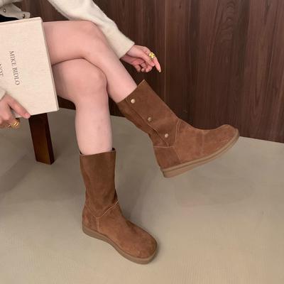 Французская платформа матовые двухсторонние полусапоги женская обувь осень 2025 новые ковбойские сапоги в западном стиле круглый носок рыцарские сапоги