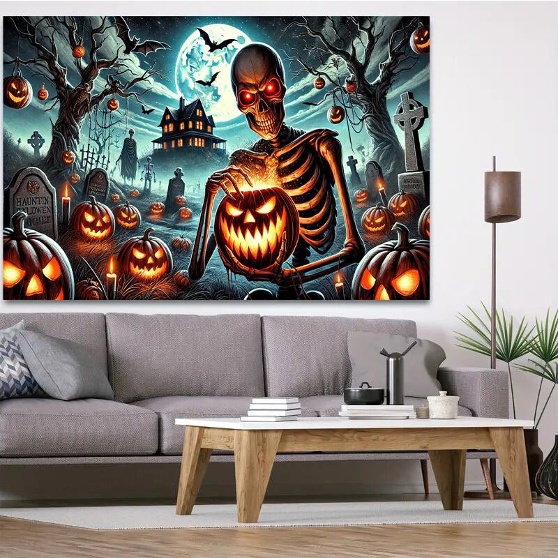 Skull and Pumpkin Night Polyester Background Fabric - Perfect for birthday parties, multi-functional background