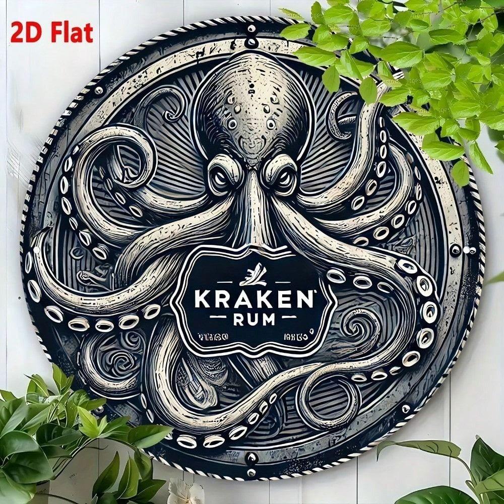 Жестяная табличка Kraken Spiced Rum Осьминог Винтажный Металлический Плакат Круглый 8x8 Дюймов Алюминиевое Настенное Искусство Декор для Домашнего Бара