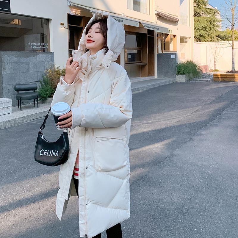 Женская осенне-зимняя однотонная свободная повседневная парка средней длины с капюшоном из ромбической решетки, пальто, куртки и верхняя одежда