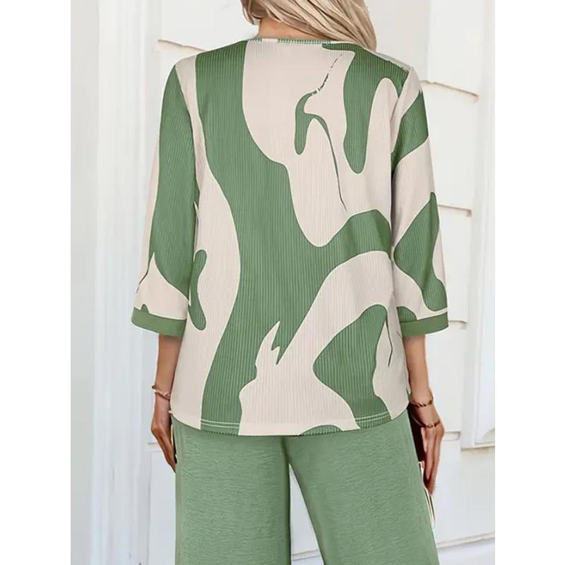 Women S Casual Abstract Print U Neck 3 4 Sleeve Loose Fit Top