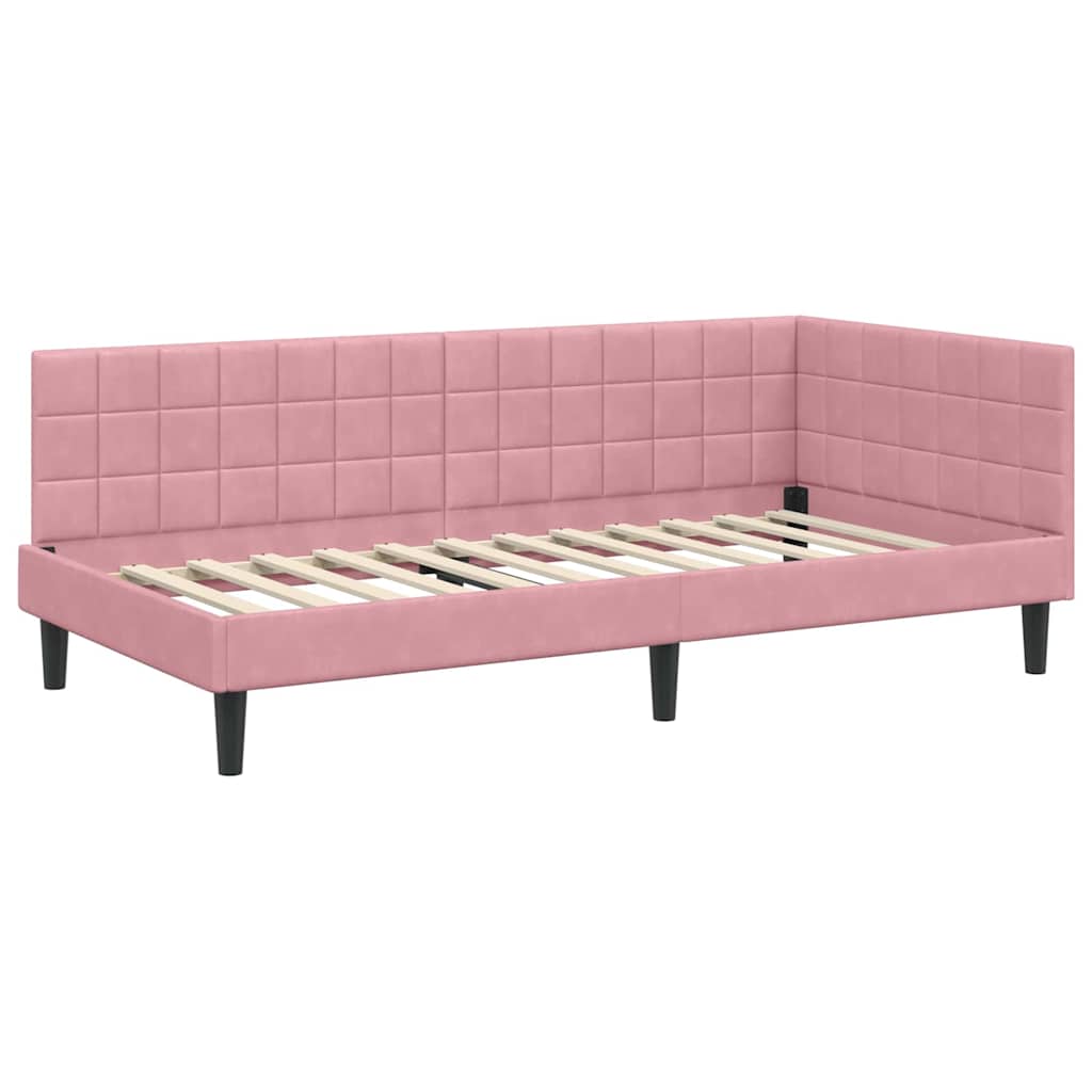 L shaped bed frame with headboard pink 100 cm x 200 cm velvet
