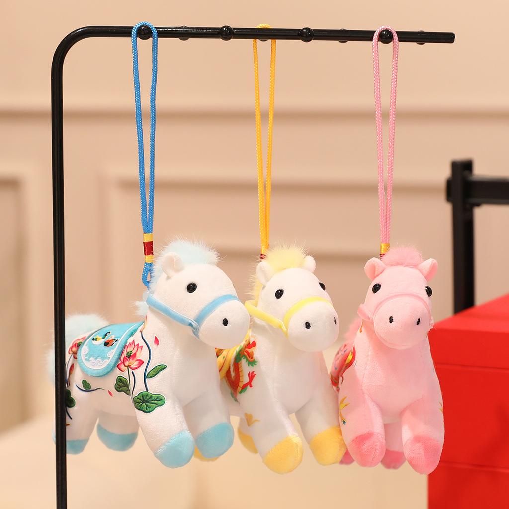 Chinese Style Folk Pony Pendant Plush Toy Doll Blue and White Porcelain Year of the Horse Mascot Bag Pendant Keychain