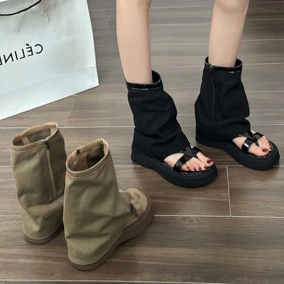 Крутые ботинки, летние новые сандалии, женские, на толстой подошве, увеличивающие рост, нишевые римские туфли с застежкой-молнией, ретро-крутые ботинки, короткие ботинки