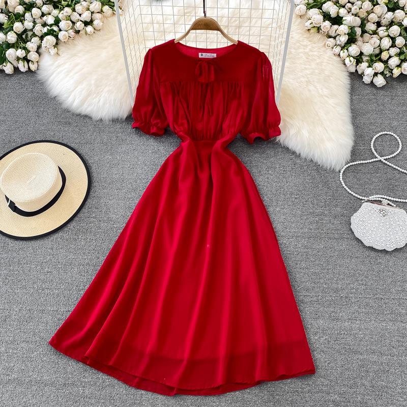 Hepburn style summer retro Korean version round neck high waist thin bubble sleeves chiffon dress fashionable pendulum long skirt