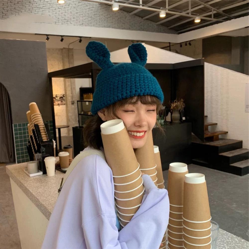 Crochet Winter Knitted Hat with Ears Knit Cap Creative Cartoon Skullies Beanie Men Women