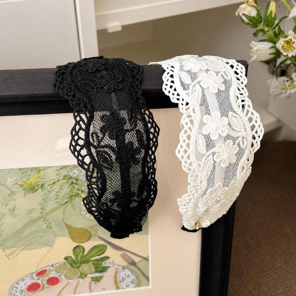 Wide Side French Lace Headband Sweet Hollowed-out Flower Hair Hoop For Women Girls