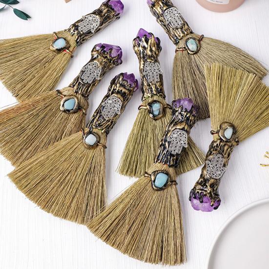 Halloween Faux Amethyst Broom Figurine Handmade Healing Stone Fake Crystal Mini Witch