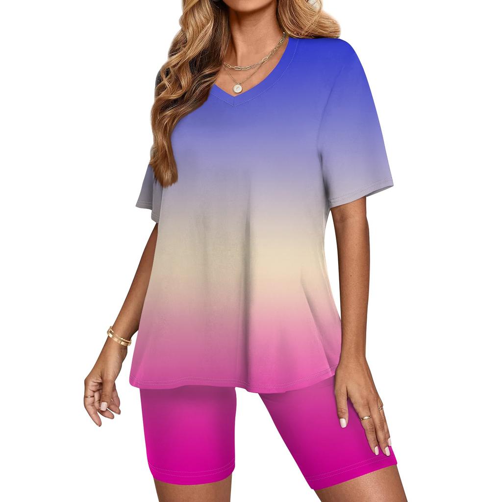 Женский топ с v-образным вырезом и короткими рукавами с градиентным принтом и шорты с принтом, комплект из двух предметов