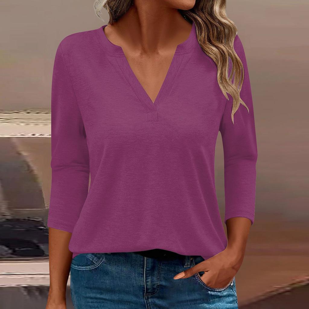 Жен. Футболка Футболка Сплошной цвет Рукав 3/4 Повседневные Выходные Мода Классический V-образный вырез Обычный Топ