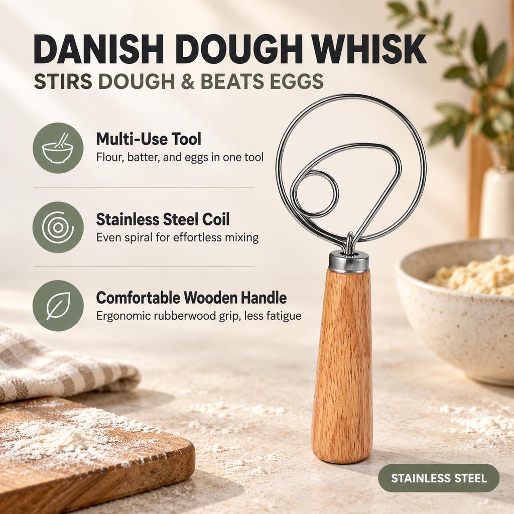 Danish Dough Whisk, Rubberwood Handle Stainless Steel Coil Mixer, Small and Medium for Baking