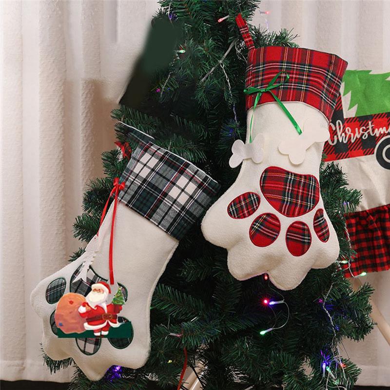 AEE2-Christmas Stockings Pet-Paw-Pattern Stockings Fireplace Hanging Stockings For Pet And Christmas-Decoration