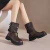 Metal Belt Buckle Block Heel Single Boots Women'S Fashion Round Toe Sleeve Pleated Mid Heel Boots