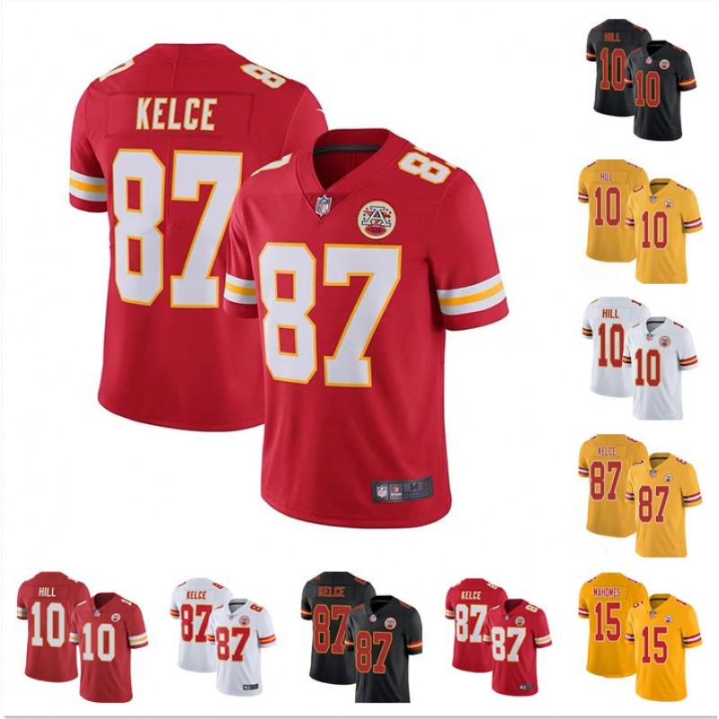 Мужская футбольная форма NFL Kansas City Chiefs Махоумс 15 Келси 87 Вышитая Красная Белая Желтая с коротким рукавом Спортивная одежда