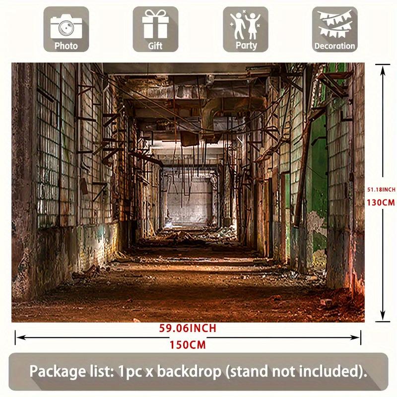 One background fabric depicting a corridor of an abandoned factory including door and window designs.PMJ