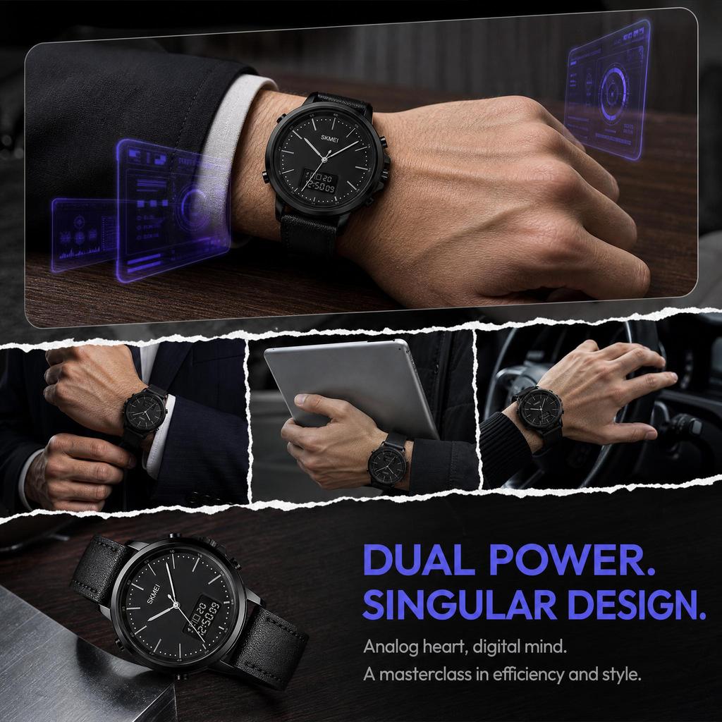 Men's Watch SKMEI Leather Strap 50M Waterproof LED Backlight 1652