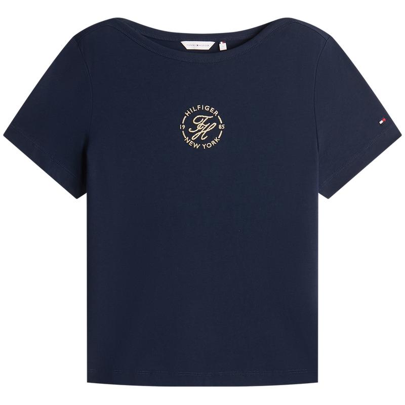 Tommy Hilfiger Хлопок Элегантный Повседневный Для Поездок На Работу С Вышивкой Лодочка Короткий Рукав Топ Футболка Женские топы WW0WW50037