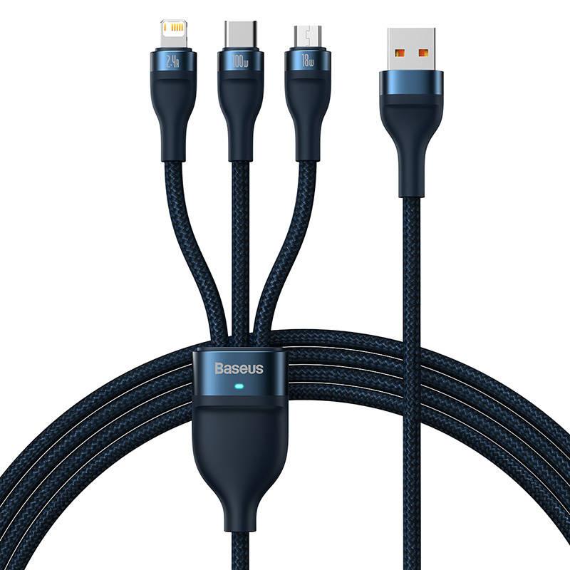 Kabel Usb 3W1 Baseus Flash Series, Usb-C + Micro Usb + Lightning, 100W, 1.2M (Niebieski)