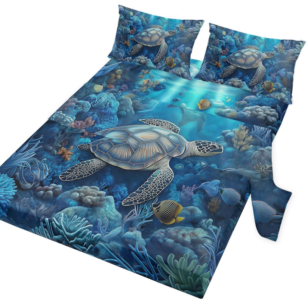 4-Piece Bed Sheet Set For Sea Turtles, Including 1 Flat Sheet, 1 Extra-Large Flat Sheet, 2 Pillowcases (Blue Tone, Seaside View)