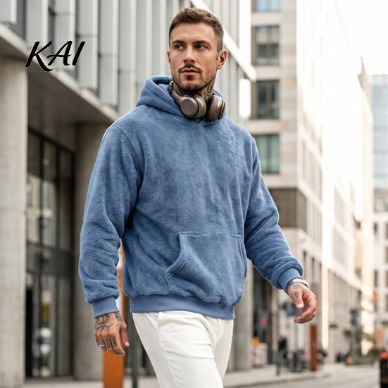 Soft Velvet Hooded Sweatshirt Men Plush Hoodie, Teddy Fleece Pullover with Kangaroo Pocket, Loose Warm Autumn Winter Apparel Fit Fuzzy Jumper