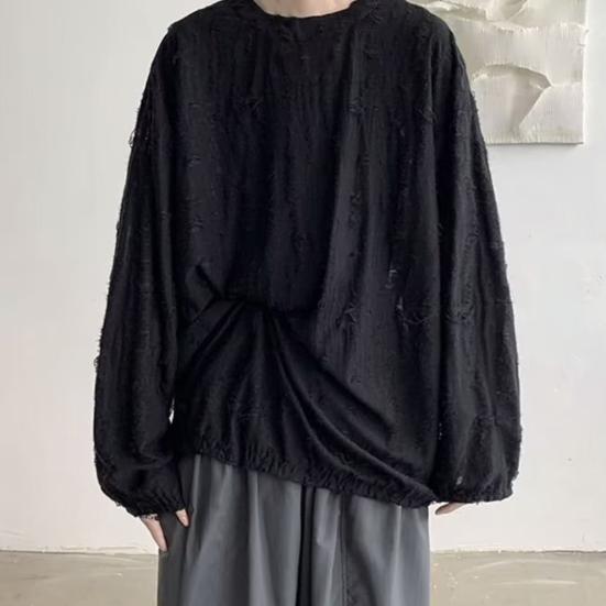 Мужская футболка с круглым вырезом, длинным рукавом, рваными отверстиями, однотонный джемпер, топы в уличном стиле, базовый слой, уличные топы