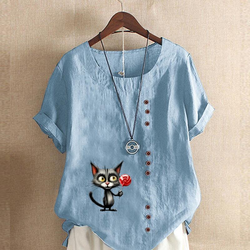 Women's Fashion Cute Cat Prined Short Sleeve T-shirt Loose Cotton Shirt Casual Loose Summer Blouse Tops Plus Size