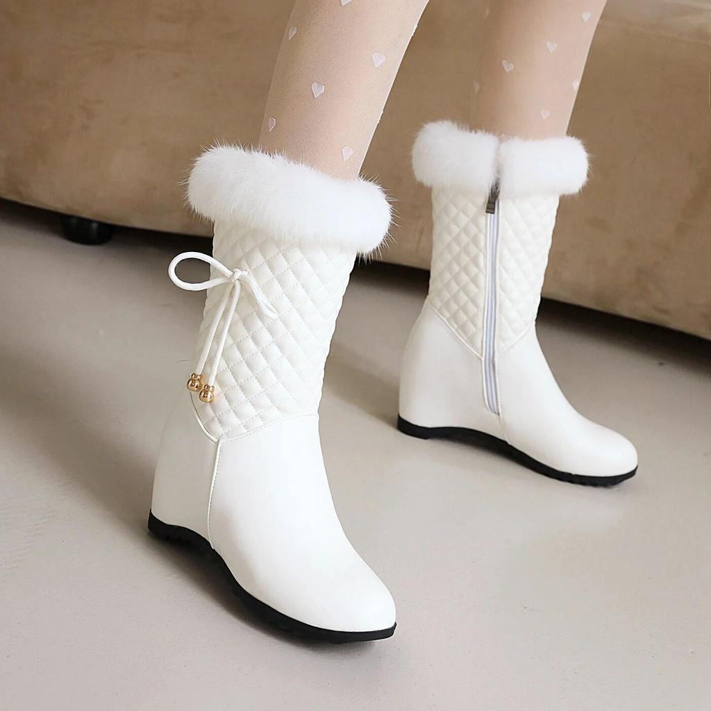 Winter White Real Hair Women'S Snow Boots Fashion Warm Plush Boots Ladies Round Toe Zip Slope Heel Snow Boots Size 33-43