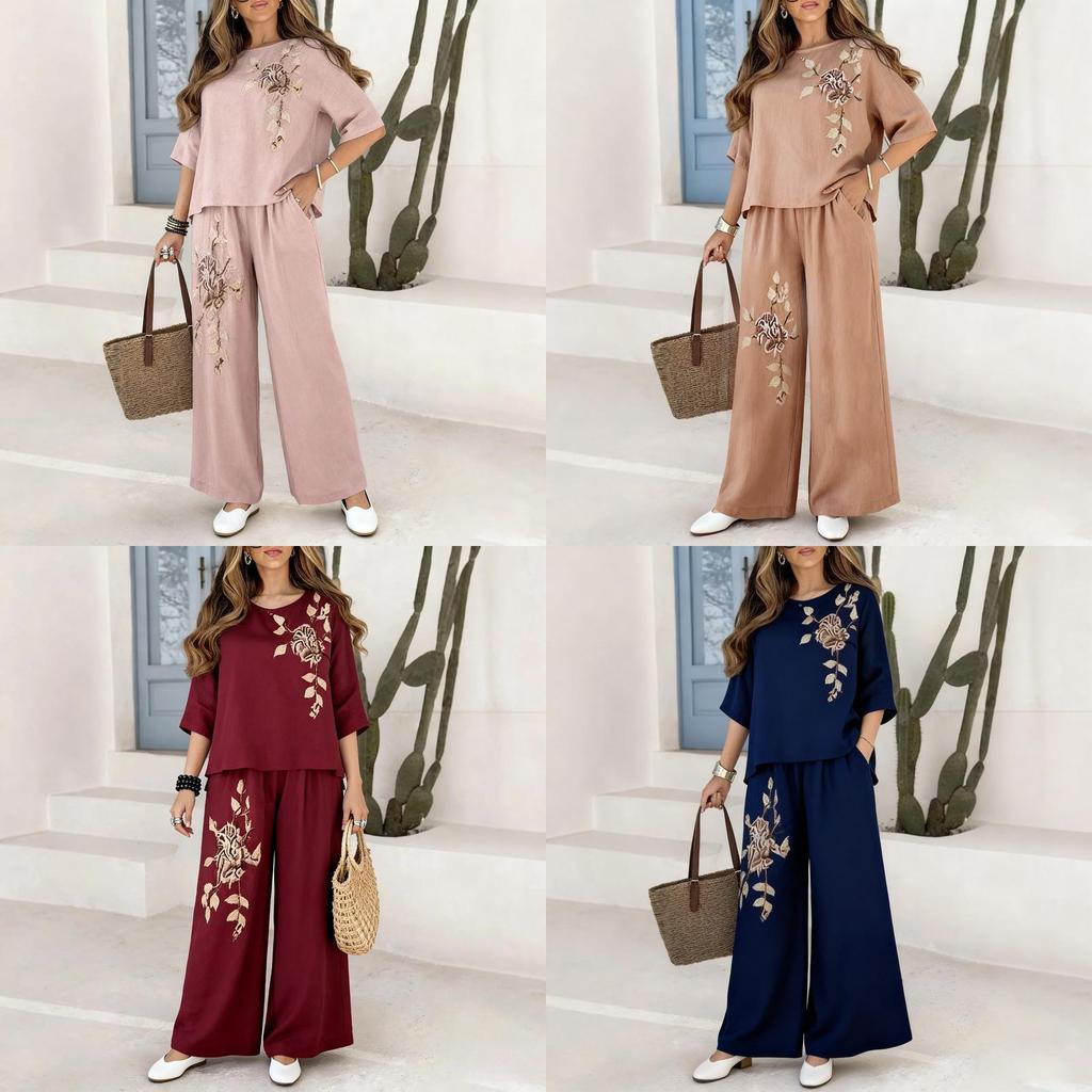 Vintage Plant Embroidery Cotton Linen Casual Pants Set For Women Summer Streetwear