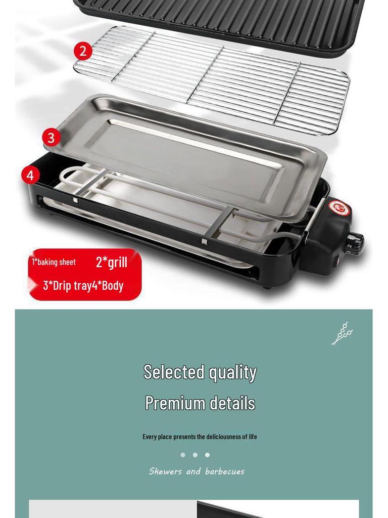 Multifunctional Electric Grill & Roaster with Non-stick Pan and Smokeless Griddle for Skewers and Sausages