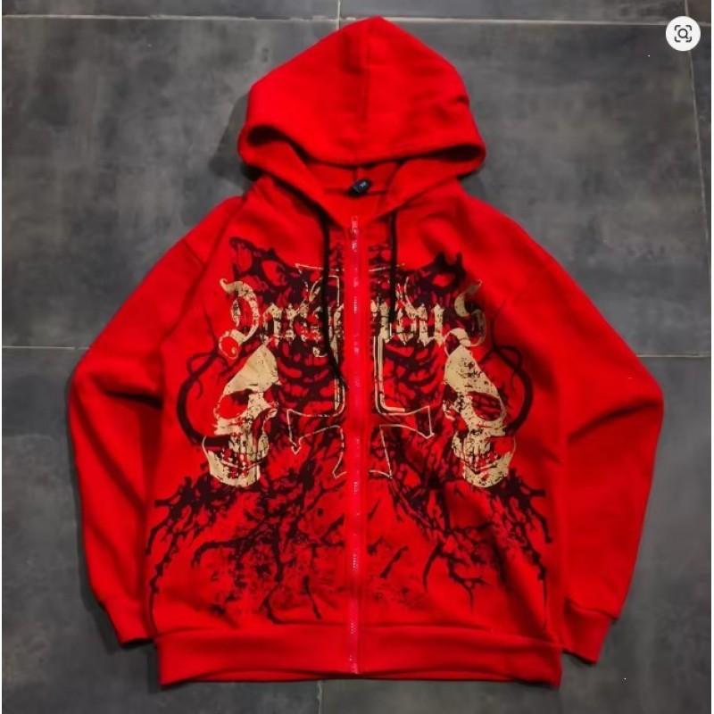 Skeleton Zip Hoodie 90s Retro Print Up Sweatshirt Jacket American Streetwear